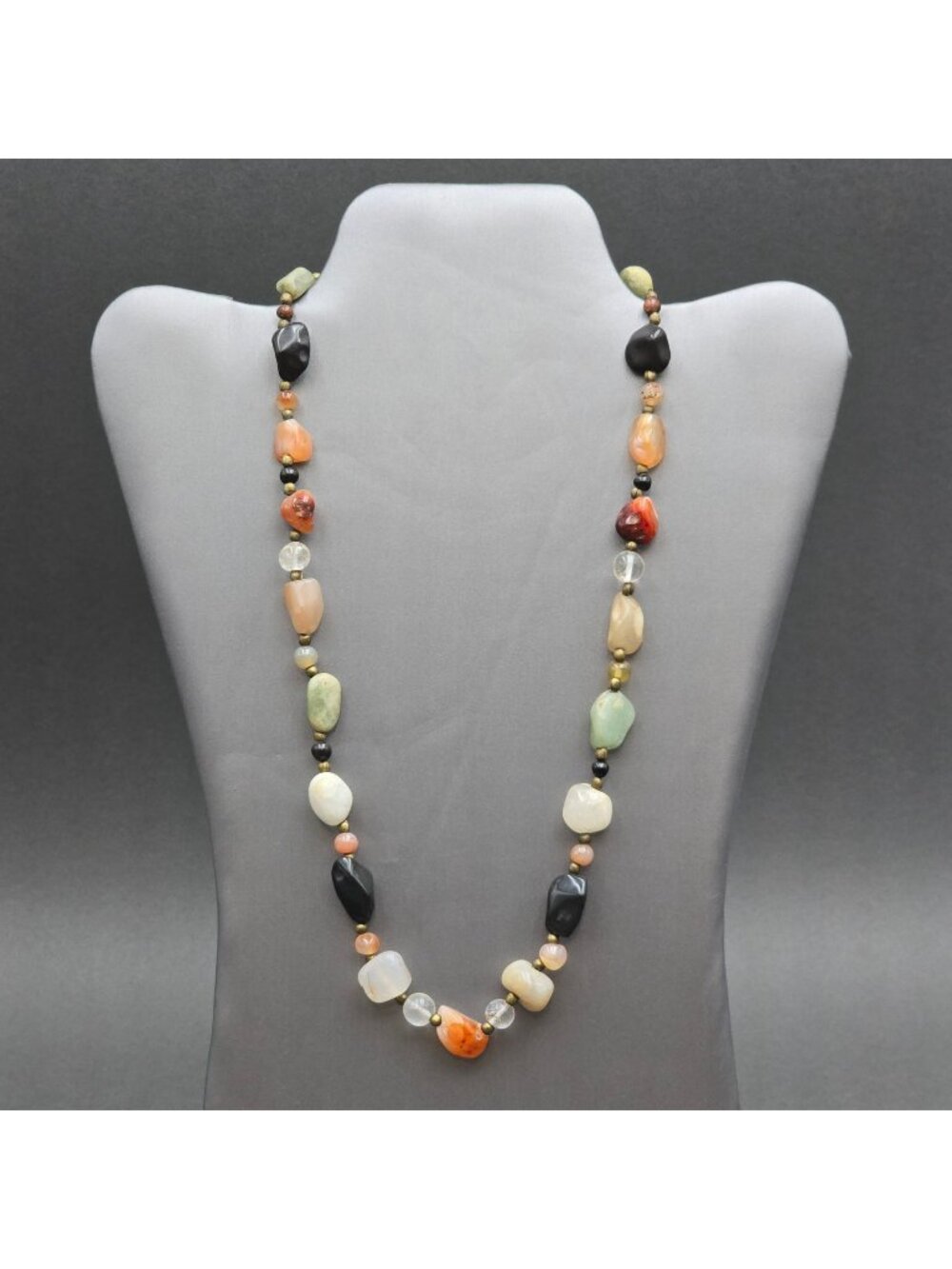 Vintage Multi Gemstone Beggar Bead Necklace 20" Natural Stone Brass Accents